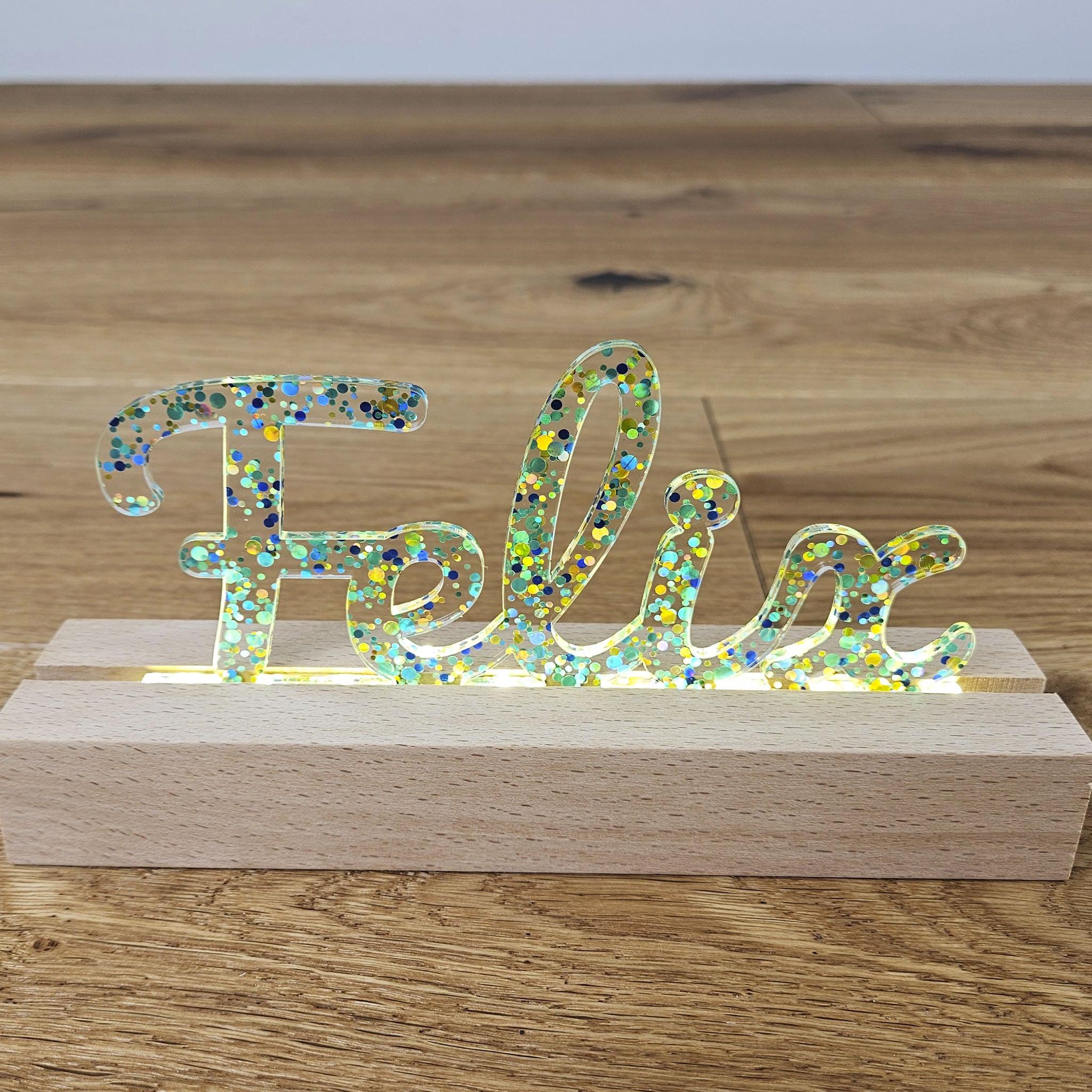 Großes, personalisiertes Nachtlicht Glitter-Konfetti petrol türkis, LED Lampe mit Wunschname personalisiert