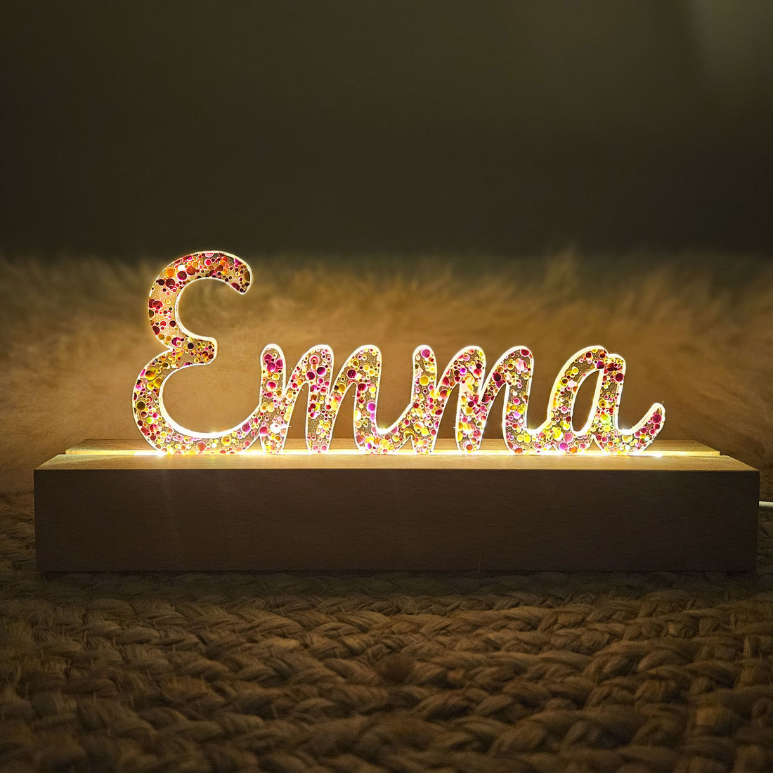 Großes, personalisiertes Nachtlicht Glitter-Konfetti pink gold, LED Lampe mit Wunschname personalisiert