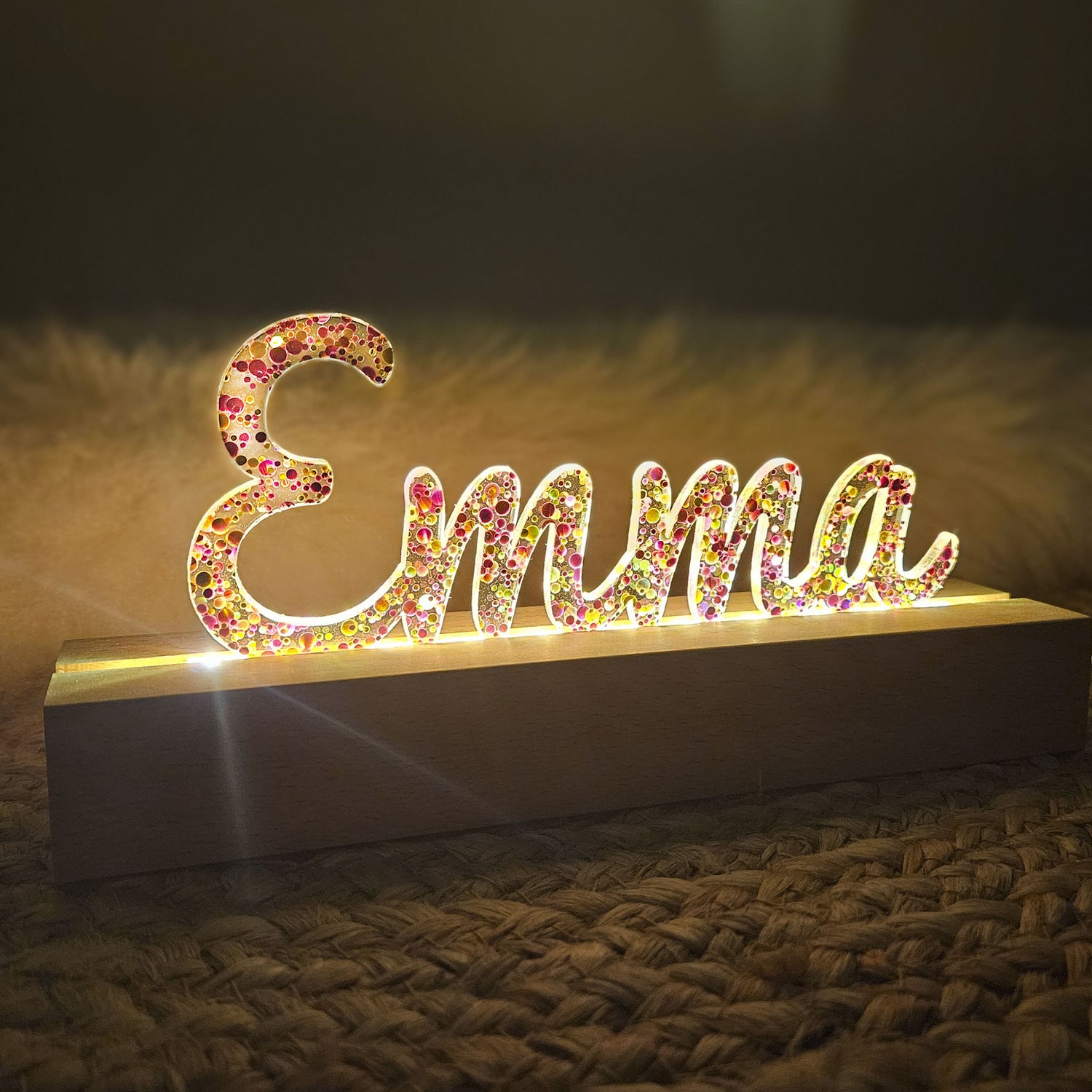 Großes, personalisiertes Nachtlicht Glitter-Konfetti pink gold, LED Lampe mit Wunschname personalisiert