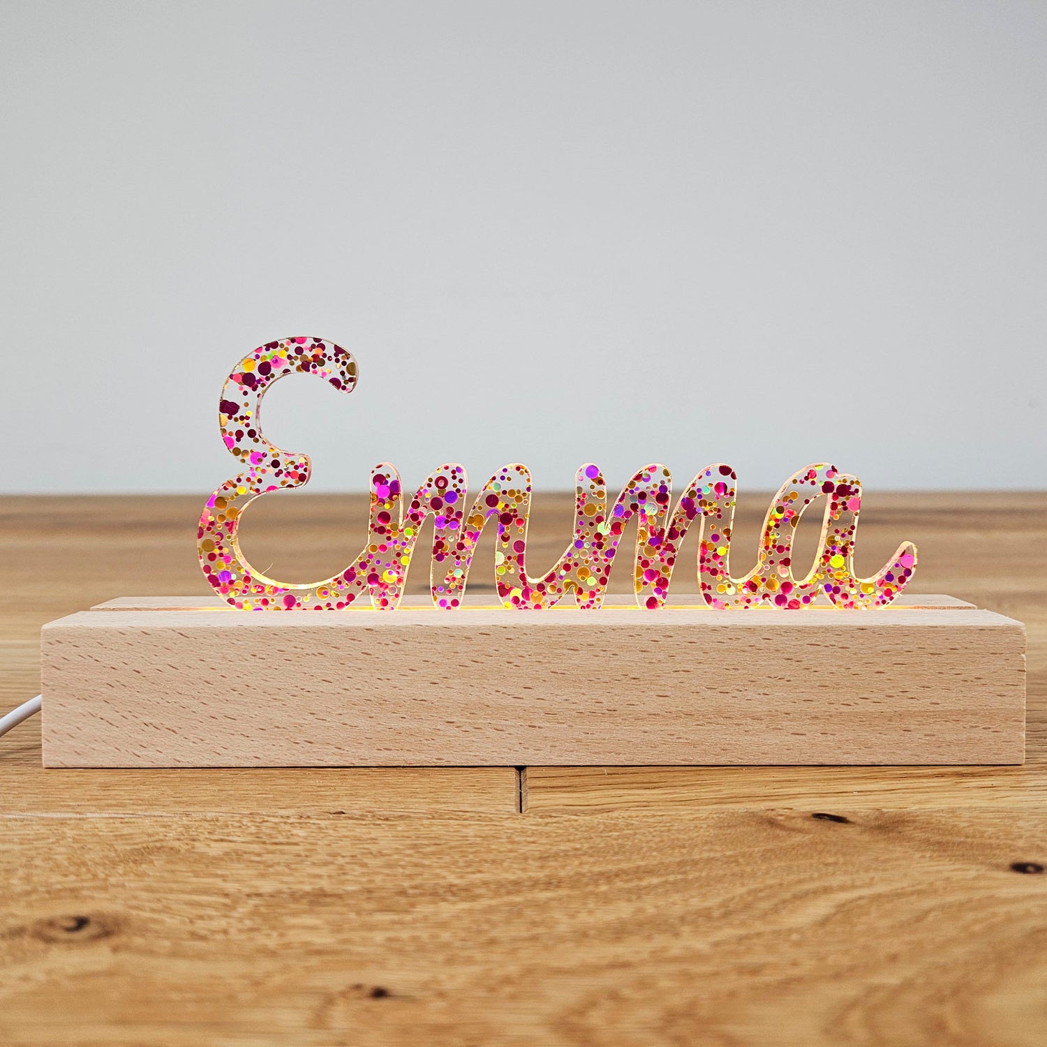 Großes, personalisiertes Nachtlicht Glitter-Konfetti pink gold, LED Lampe mit Wunschname personalisiert