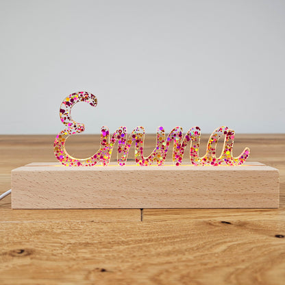 Großes, personalisiertes Nachtlicht Glitter-Konfetti pink gold, LED Lampe mit Wunschname personalisiert