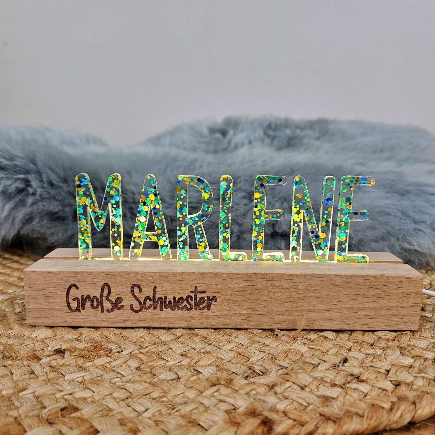 Großes, personalisiertes Nachtlicht Glitter-Konfetti pink gold, LED Lampe mit Wunschname personalisiert