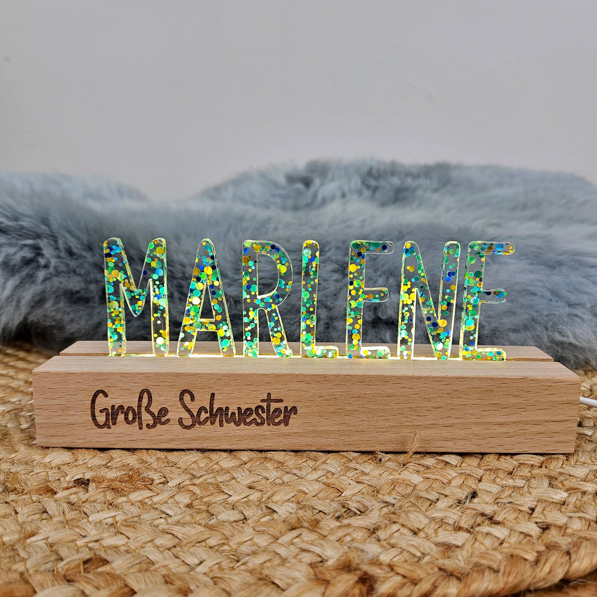 Großes, personalisiertes Nachtlicht Glitter-Konfetti pink gold, LED Lampe mit Wunschname personalisiert