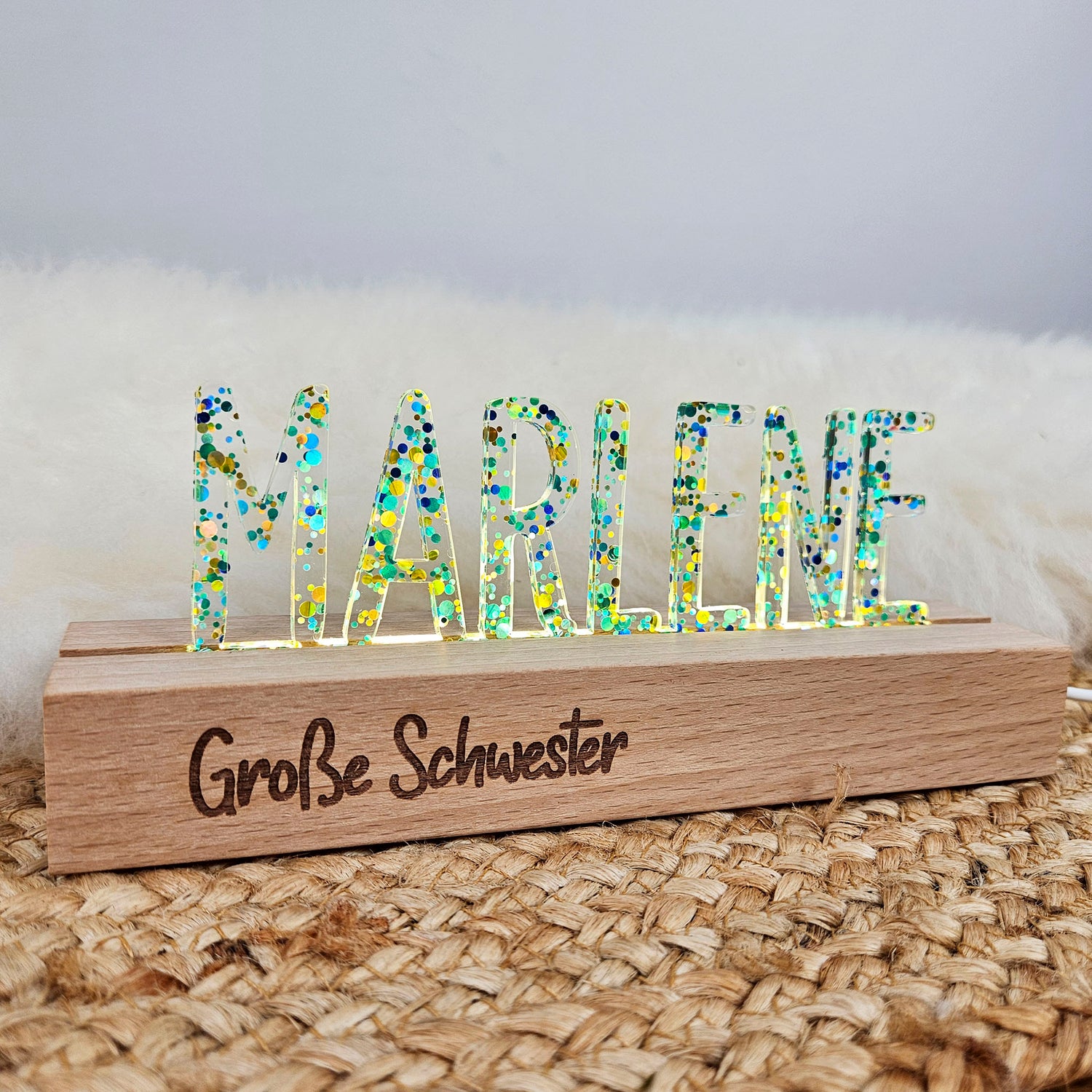 Großes, personalisiertes Nachtlicht Glitter-Konfetti petrol türkis, LED Lampe mit Wunschname personalisiert