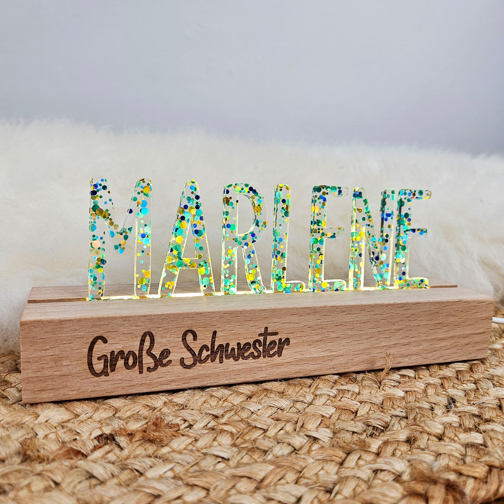 Großes, personalisiertes Nachtlicht Glitter-Konfetti petrol türkis, LED Lampe mit Wunschname personalisiert