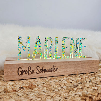 Großes, personalisiertes Nachtlicht Glitter-Konfetti petrol türkis, LED Lampe mit Wunschname personalisiert
