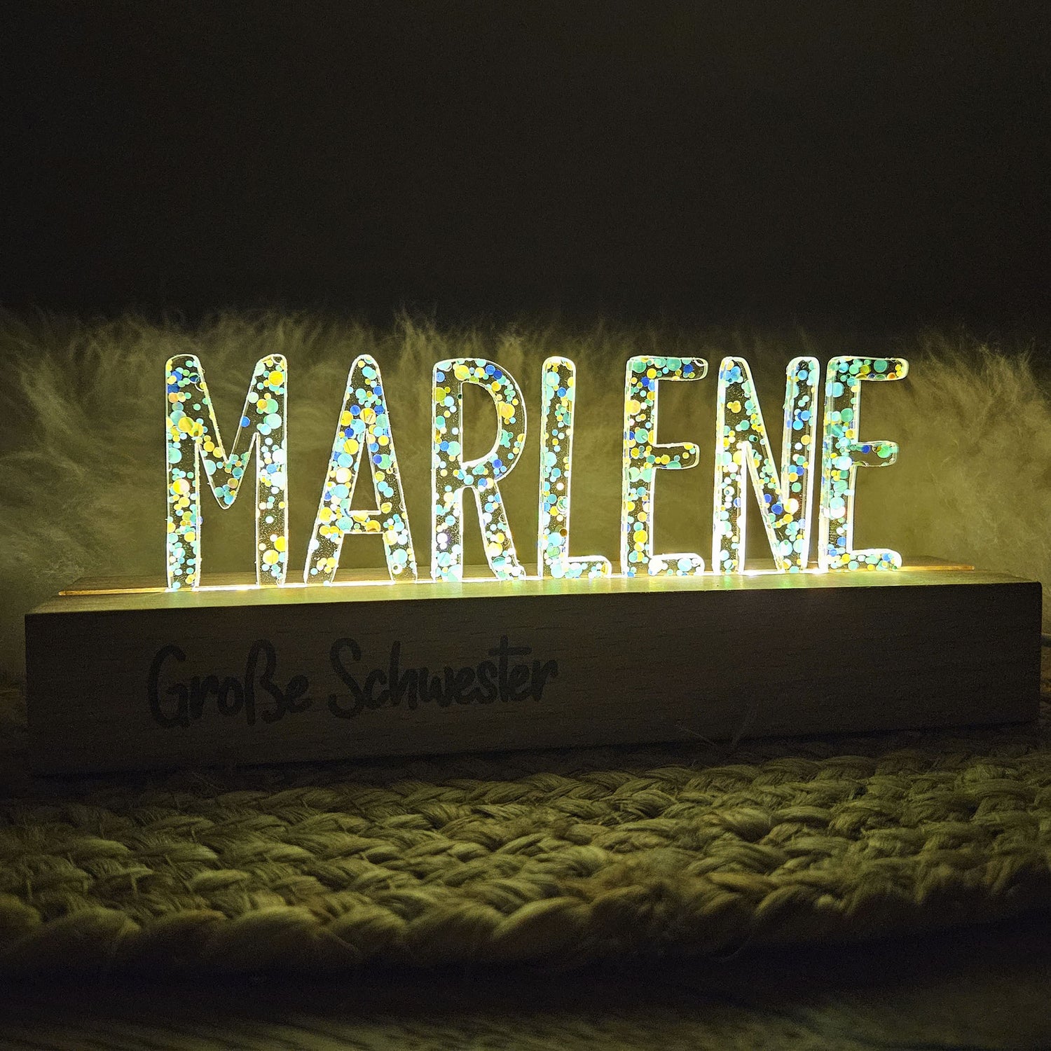 Großes, personalisiertes Nachtlicht Glitter-Konfetti petrol türkis, LED Lampe mit Wunschname personalisiert