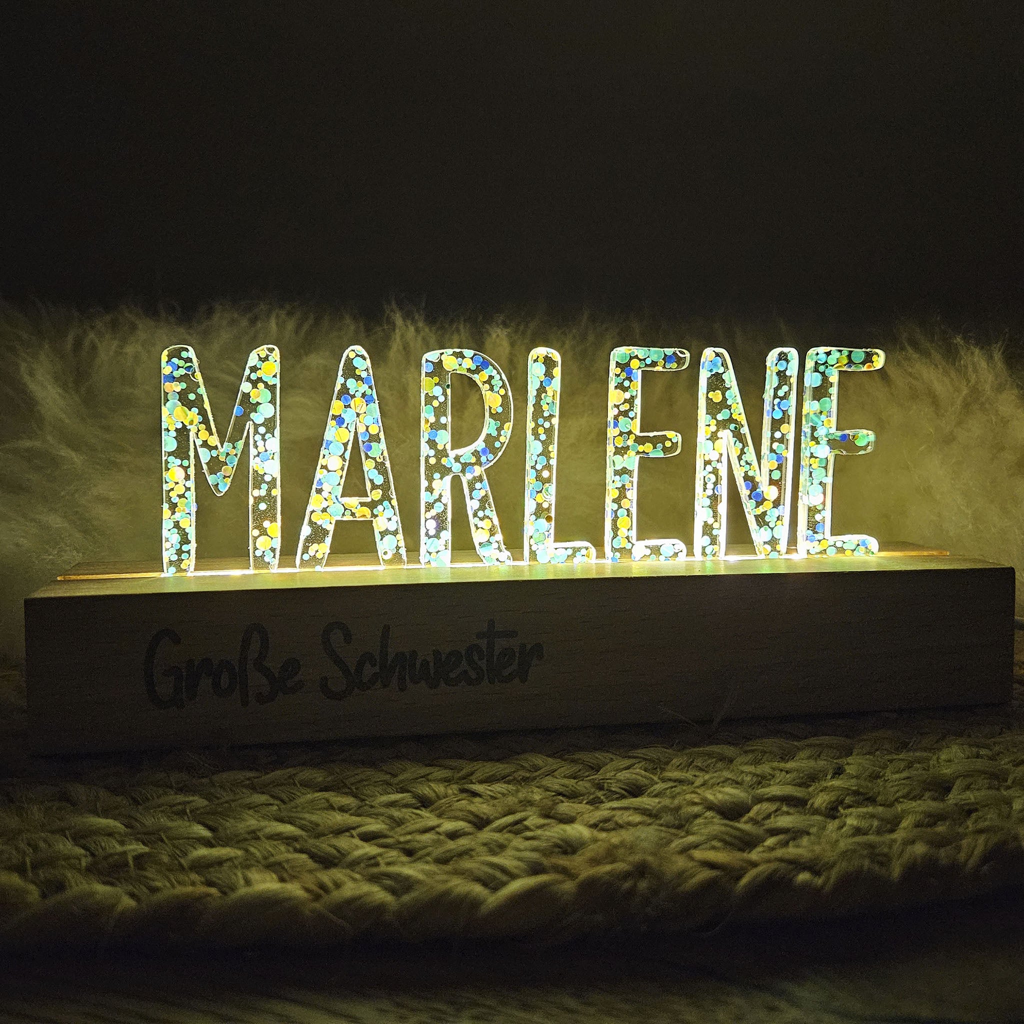 Großes, personalisiertes Nachtlicht Glitter-Konfetti petrol türkis, LED Lampe mit Wunschname personalisiert