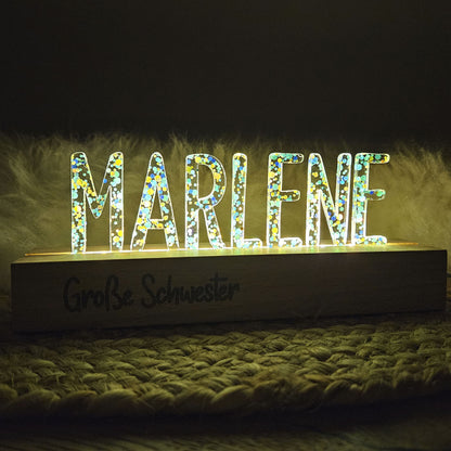 Großes, personalisiertes Nachtlicht Glitter-Konfetti petrol türkis, LED Lampe mit Wunschname personalisiert