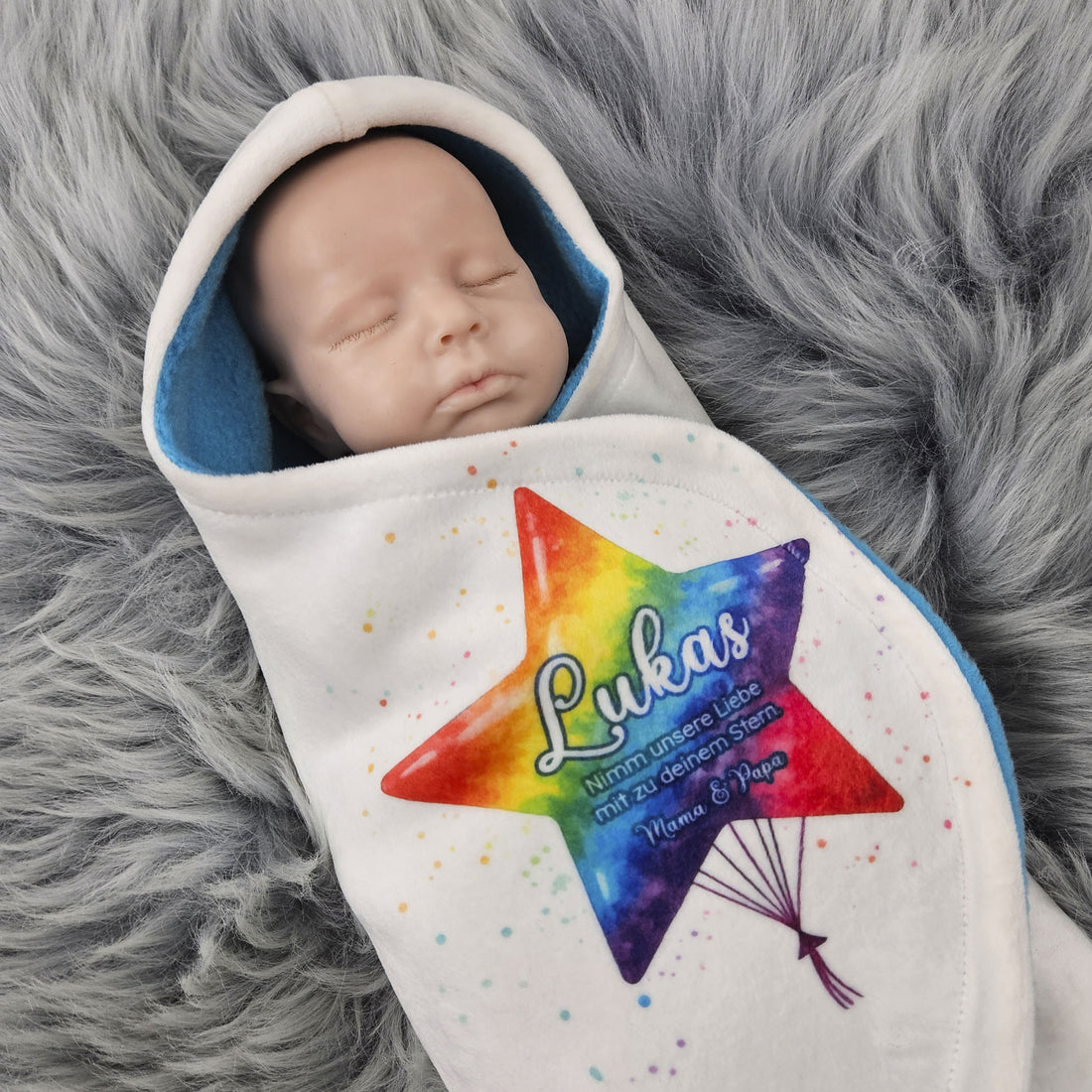 Personalisierte Sternenkind-Samt-Einschlagdecke &quot;Regenbogenstern&quot;