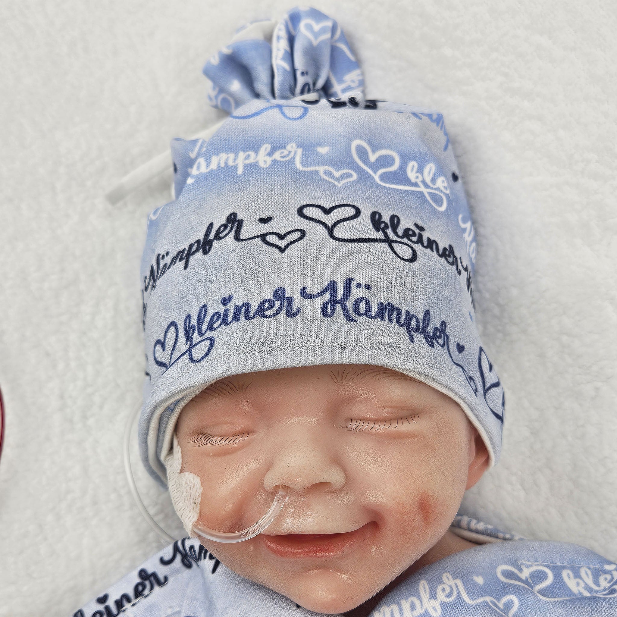 Adaptive Frühchen Mütze mit Zugangsöffnung &quot;uni blau&quot;, mitwachsende Wickelmütze