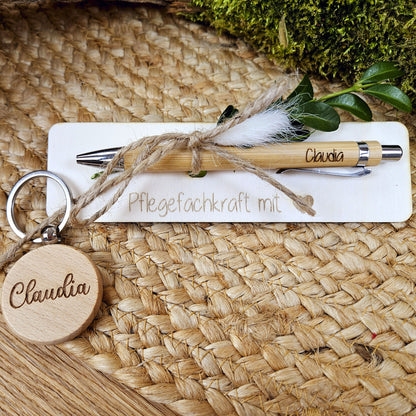 Geschenkset personalisierter Kugelschreiber &amp; Schlüsselanhänger für Lehrer, Erzieher, Hebamme, flegepersonal... Dankeschön