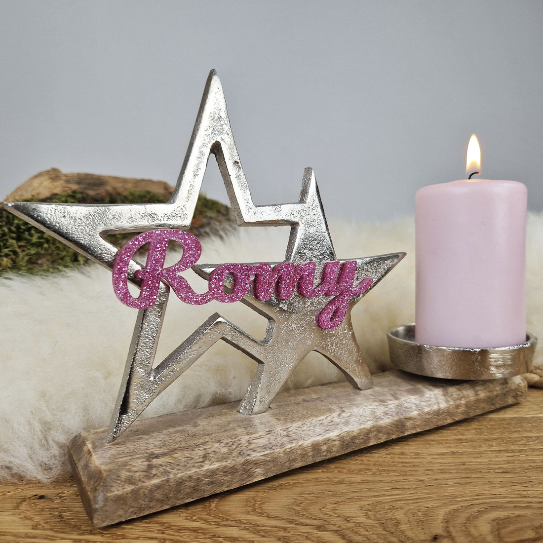 Personalisierter, großer Kerzenhalter &quot;Sterne&quot; mit rosa Schrift, Kerzenständer Taufkerze, Kommunionkerze Trauerkerze Sternenkind