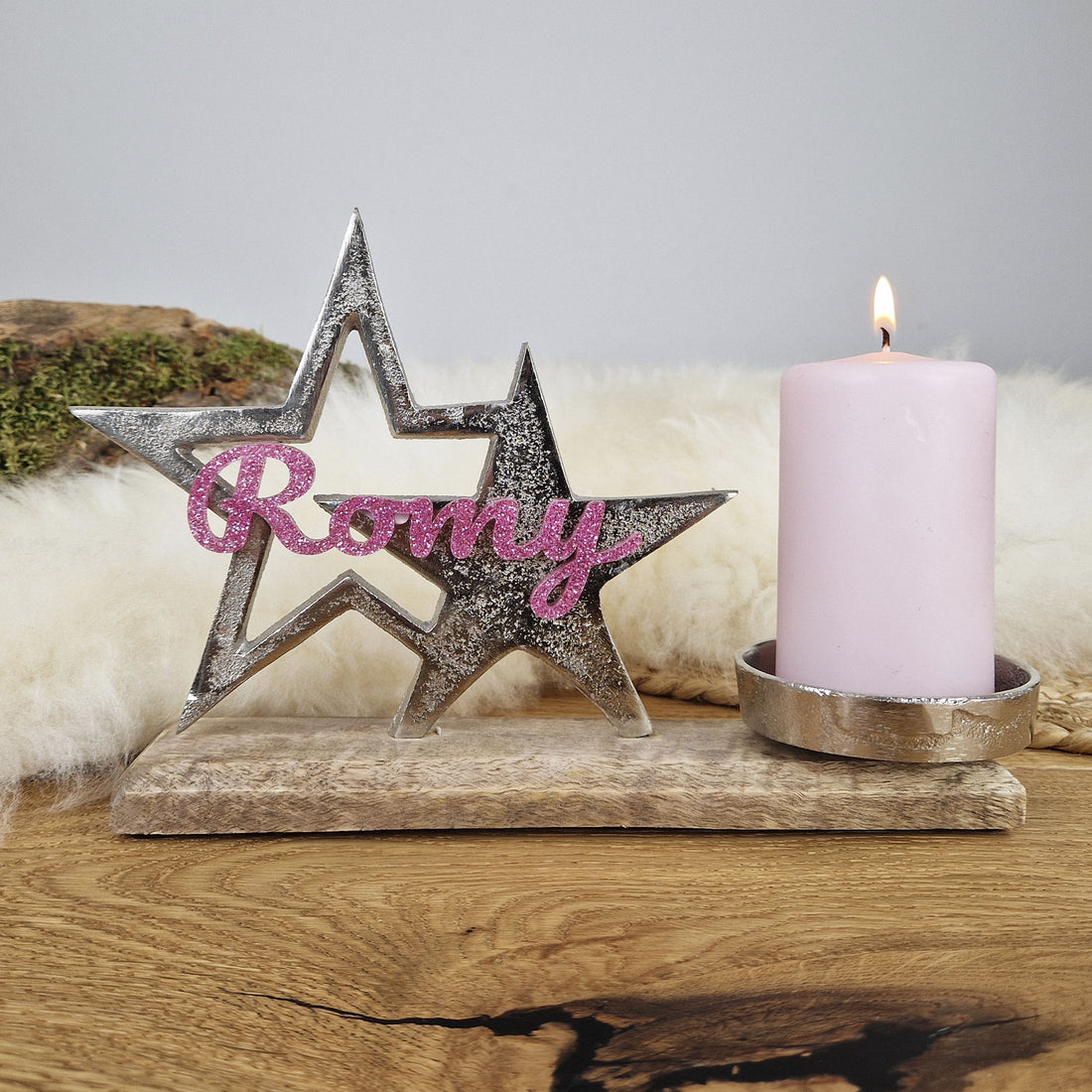 Personalisierter, großer Kerzenhalter &quot;Sterne&quot; mit rosa Schrift, Kerzenständer Taufkerze, Kommunionkerze Trauerkerze Sternenkind