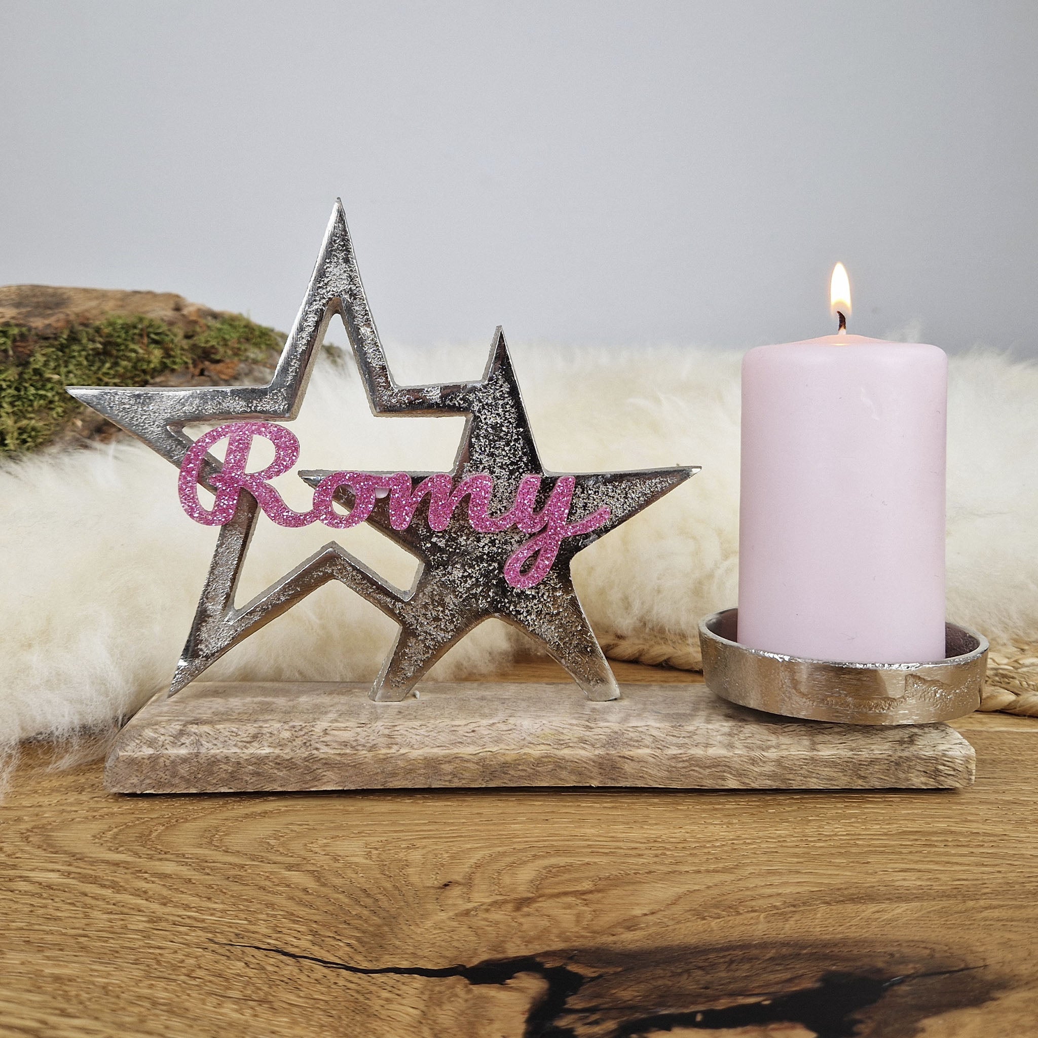 Personalisierter, großer Kerzenhalter &quot;Sterne&quot; mit rosa Schrift, Kerzenständer Taufkerze, Kommunionkerze Trauerkerze Sternenkind