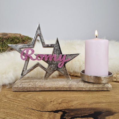 Personalisierter, großer Kerzenhalter &quot;Sterne&quot; mit rosa Schrift, Kerzenständer Taufkerze, Kommunionkerze Trauerkerze Sternenkind