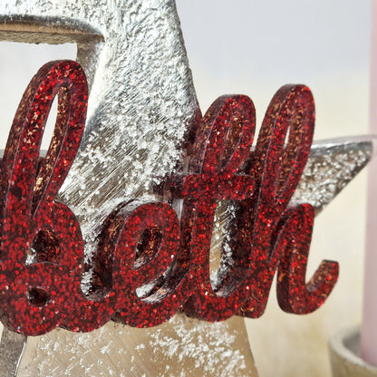 Personalisierter, großer Kerzenhalter &quot;Sterne&quot; mit roter Schrift, Kerzenständer Taufkerze, Kommunionkerze Trauerkerze Sternenkind