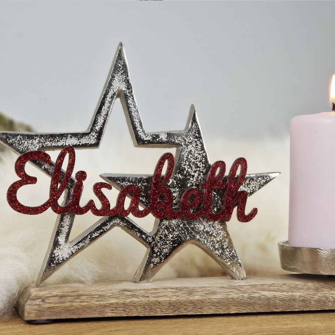 Personalisierter, großer Kerzenhalter &quot;Sterne&quot; mit roter Schrift, Kerzenständer Taufkerze, Kommunionkerze Trauerkerze Sternenkind