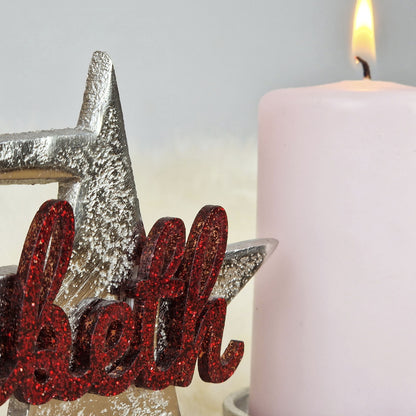 Personalisierter, großer Kerzenhalter &quot;Sterne&quot; mit roter Schrift, Kerzenständer Taufkerze, Kommunionkerze Trauerkerze Sternenkind