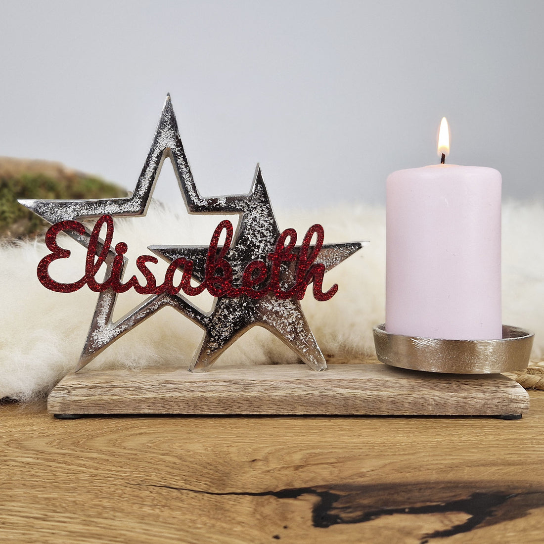 Personalisierter, großer Kerzenhalter &quot;Sterne&quot; mit roter Schrift, Kerzenständer Taufkerze, Kommunionkerze Trauerkerze Sternenkind
