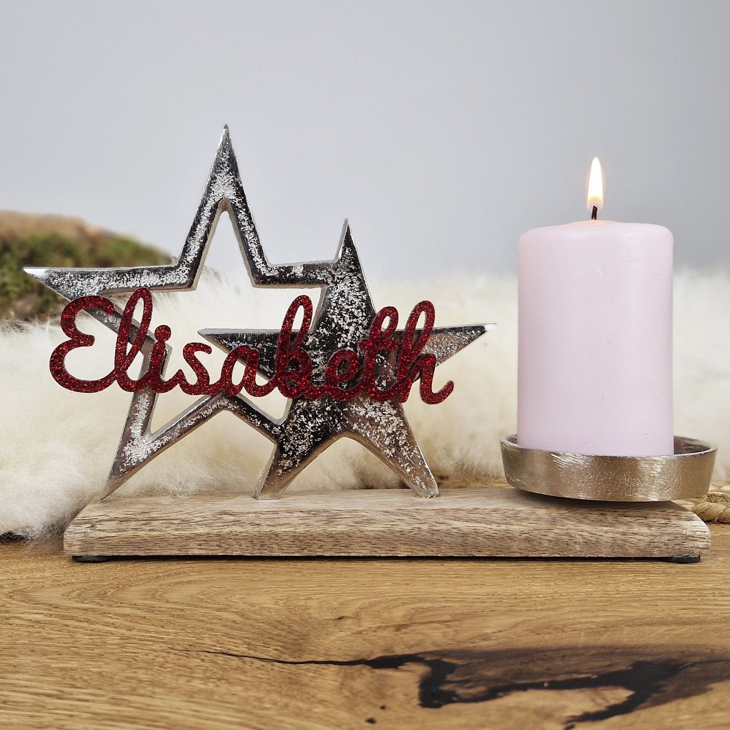 Personalisierter, großer Kerzenhalter &quot;Sterne&quot; mit roter Schrift, Kerzenständer Taufkerze, Kommunionkerze Trauerkerze Sternenkind