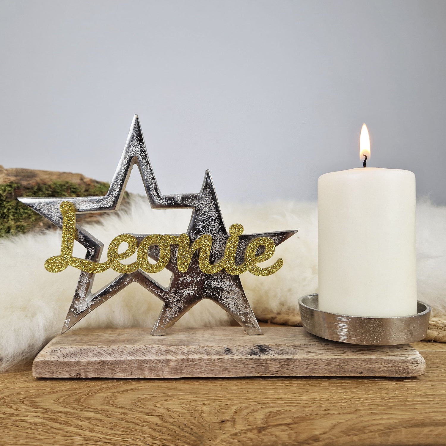 Personalisierter, großer Kerzenhalter &quot;Sterne&quot; mit goldener Schrift, Kerzenständer Taufkerze, Kommunionkerze Trauerkerze Sternenkind