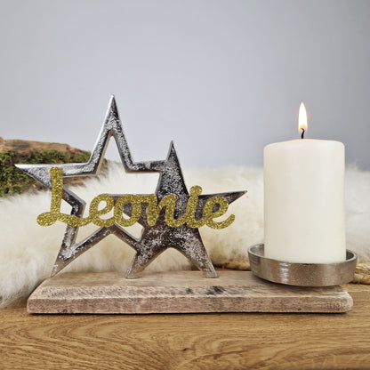 Personalisierter, großer Kerzenhalter &quot;Sterne&quot; mit goldener Schrift, Kerzenständer Taufkerze, Kommunionkerze Trauerkerze Sternenkind