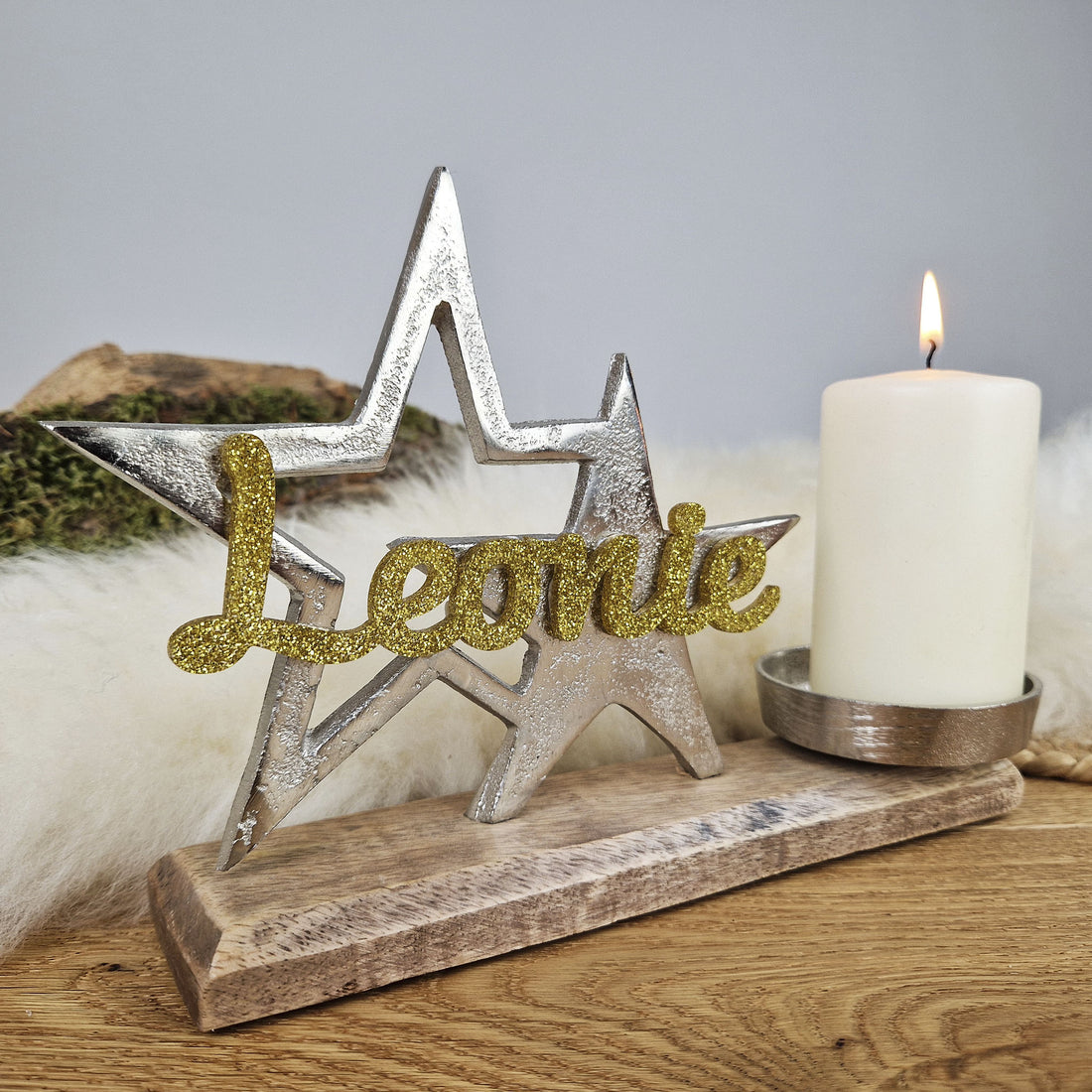 Personalisierter, großer Kerzenhalter &quot;Sterne&quot; mit goldener Schrift, Kerzenständer Taufkerze, Kommunionkerze Trauerkerze Sternenkind
