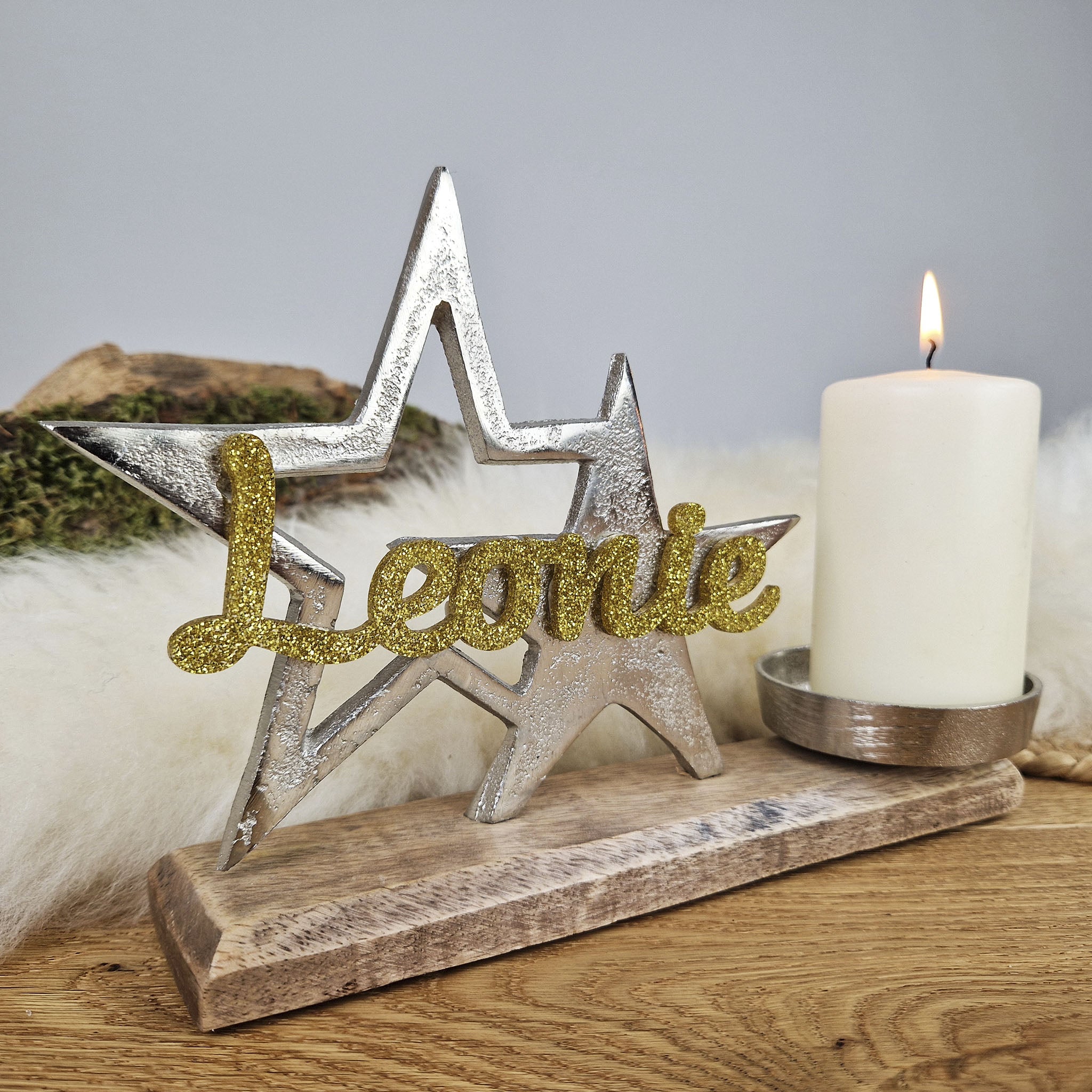 Personalisierter, großer Kerzenhalter &quot;Sterne&quot; mit goldener Schrift, Kerzenständer Taufkerze, Kommunionkerze Trauerkerze Sternenkind