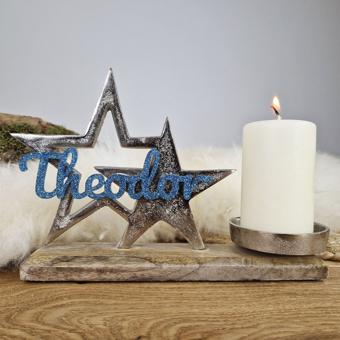 Personalisierter, großer Kerzenhalter &quot;Sterne&quot; mit türkisblauer Schrift, Kerzenständer Kommunionkerze, Taufkerze,Trauerkerze Sternenkind