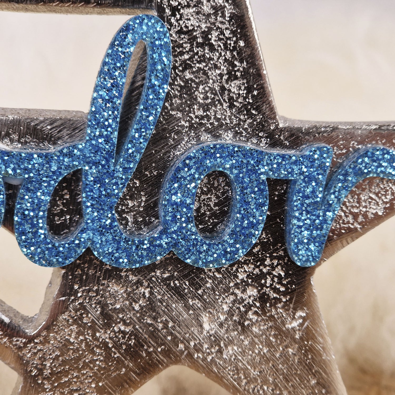 Personalisierter, großer Kerzenhalter &quot;Sterne&quot; mit türkisblauer Schrift, Kerzenständer Kommunionkerze, Taufkerze,Trauerkerze Sternenkind