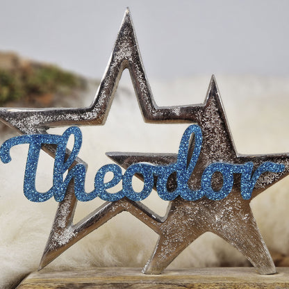 Personalisierter, großer Kerzenhalter &quot;Sterne&quot; mit türkisblauer Schrift, Kerzenständer Kommunionkerze, Taufkerze,Trauerkerze Sternenkind