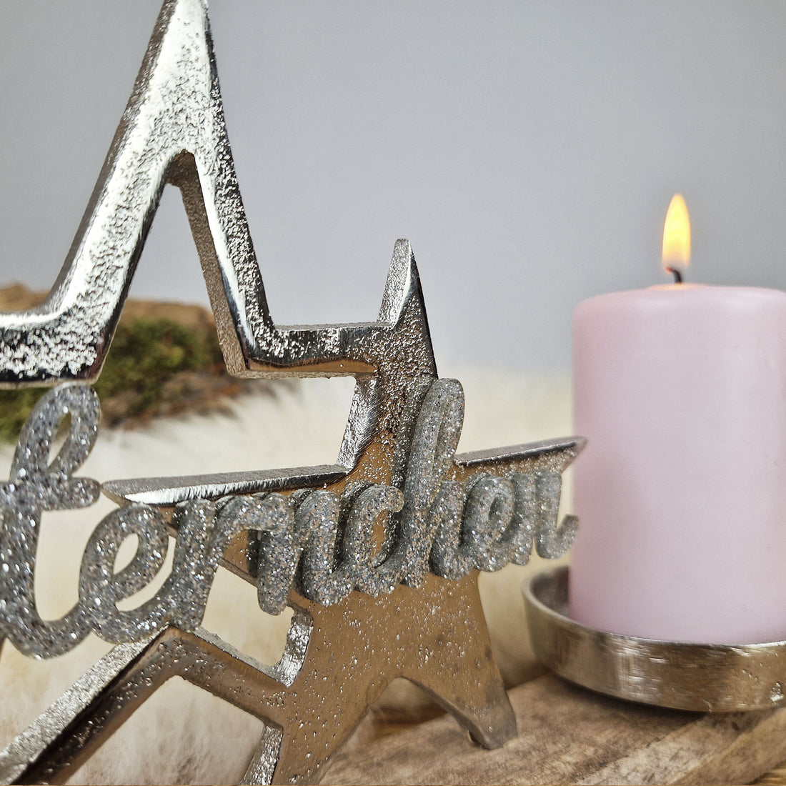 Personalisierter, großer Kerzenhalter &quot;Sterne&quot; mit silberner Schrift, Kerzenständer Kommunionkerze, Taufkerze, Trauerkerze Sternenkind