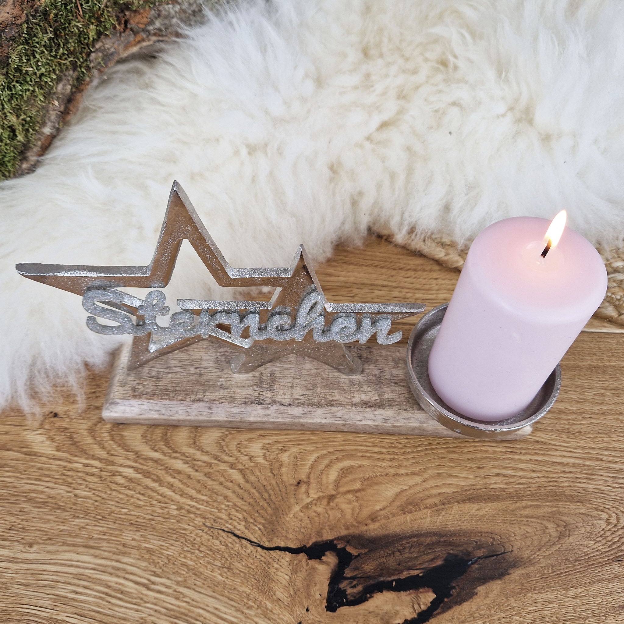 Personalisierter, großer Kerzenhalter &quot;Sterne&quot; mit silberner Schrift, Kerzenständer Kommunionkerze, Taufkerze, Trauerkerze Sternenkind