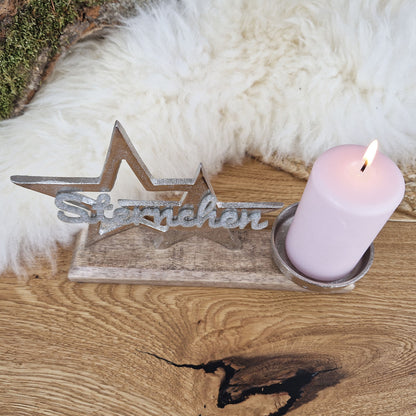 Personalisierter, großer Kerzenhalter &quot;Sterne&quot; mit silberner Schrift, Kerzenständer Kommunionkerze, Taufkerze, Trauerkerze Sternenkind