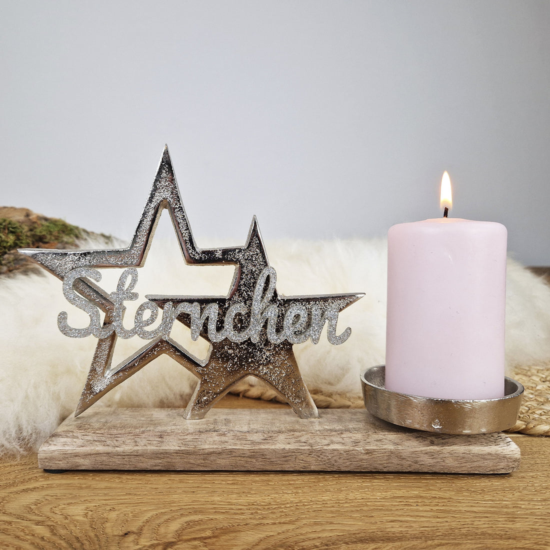 Personalisierter, großer Kerzenhalter &quot;Sterne&quot; mit silberner Schrift, Kerzenständer Kommunionkerze, Taufkerze, Trauerkerze Sternenkind