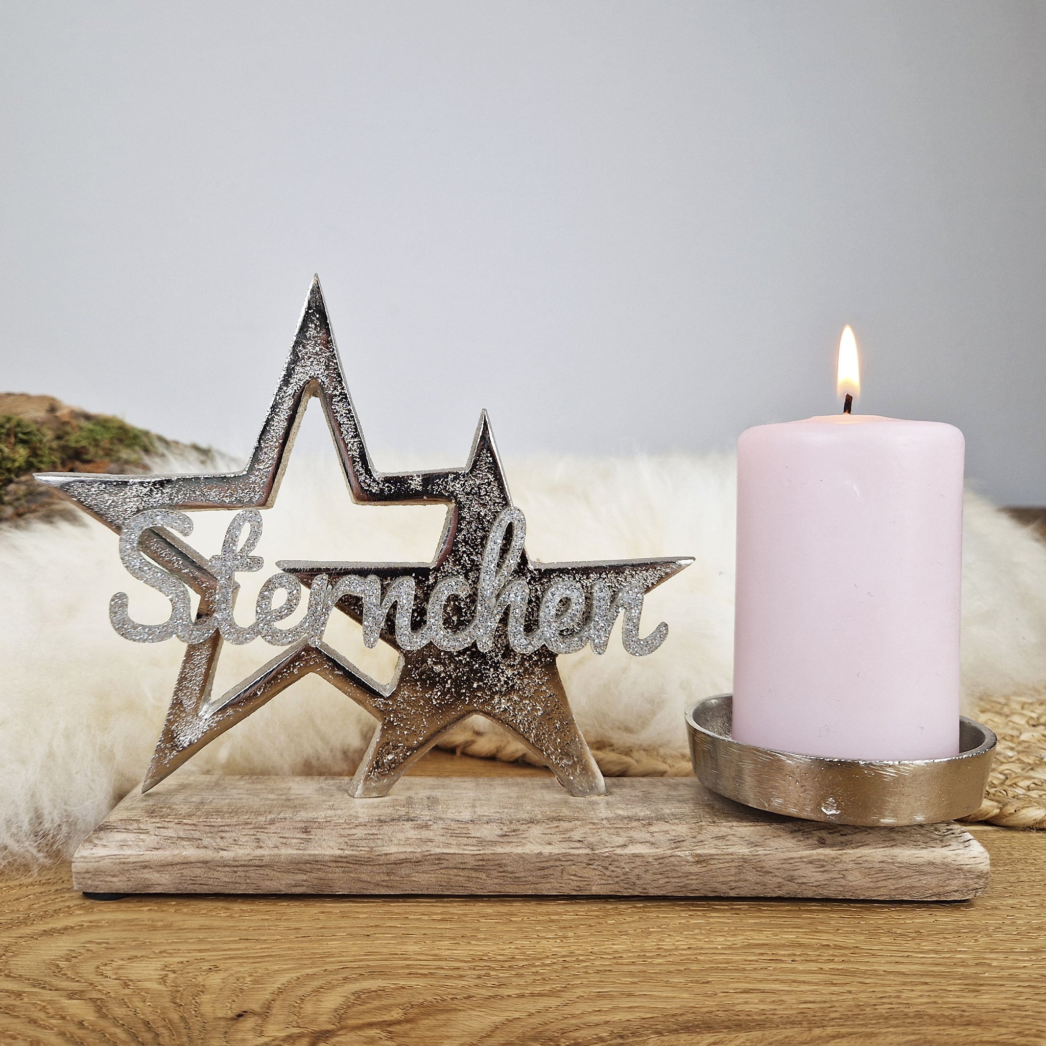 Personalisierter, großer Kerzenhalter &quot;Sterne&quot; mit silberner Schrift, Kerzenständer Kommunionkerze, Taufkerze, Trauerkerze Sternenkind