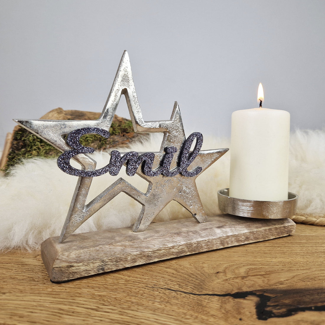 Personalisierter, großer Kerzenhalter &quot;Sterne&quot; mit grauer Schrift, Kerzenständer Taufkerze Trauerkerze Sternenkind