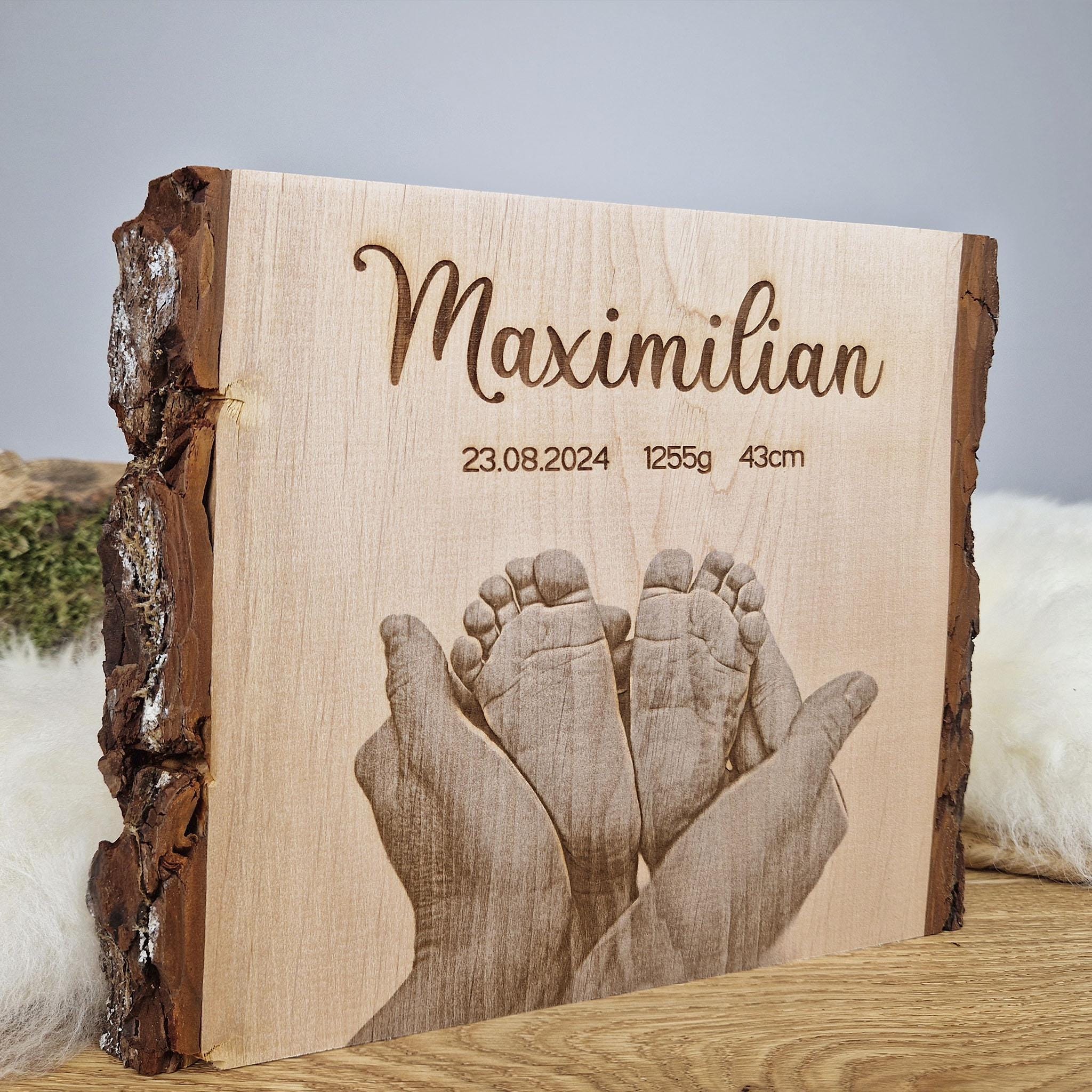 Personalisiertes Fotogravur Holzbild / Fotobild, Geschenk zur Geburt, Babygeschenk, Erinnerung, Holzgravur als Wanddeko / Fotogeschenk